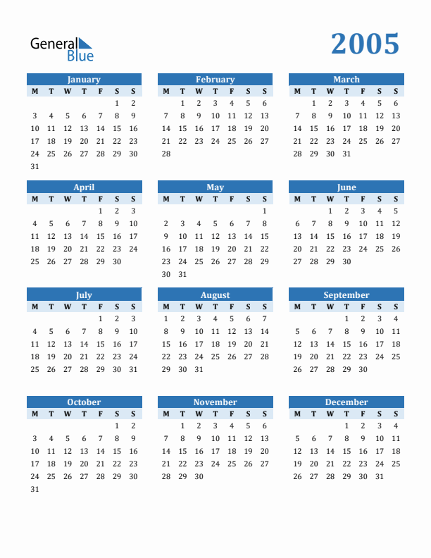 2005 Yearly Calendar Templates With Monday Start - 2005 Calendar With Week Numbers