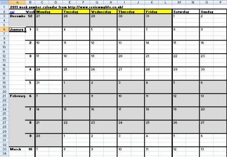 2011 Excel Week Numbers Calendar - Calendar Week Numbers 2011