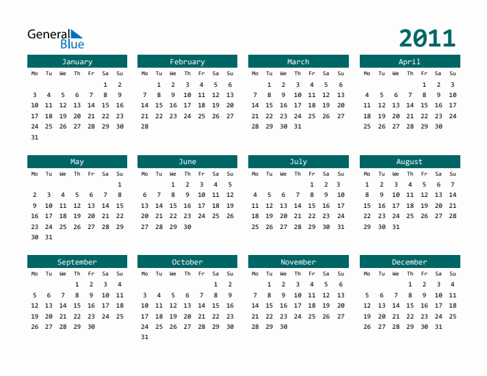 2011 Yearly Calendar Templates With Monday Start - 2011 Yearly Calendar With Week Numbers