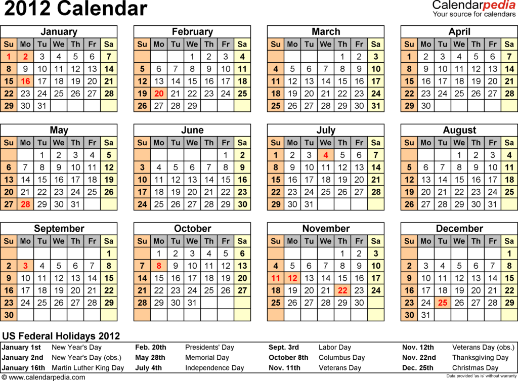 2012 Calendar Excel 10 Free Printable Templates xls xlsx  - 2012 Calendar In Excel With Week Numbers