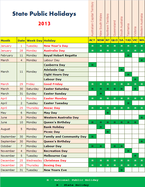 2013 Australia Calendar 2013 Australian Holidays - 2013 Calendar Australia Week Numbers