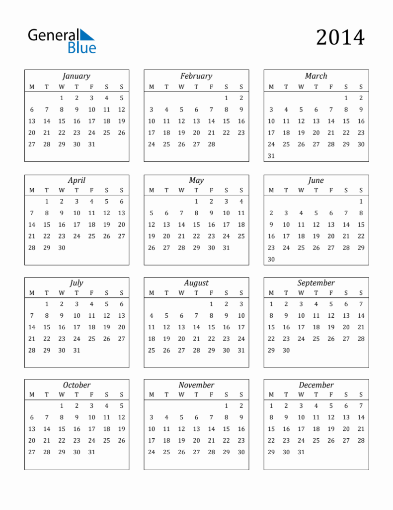 2014 Blank Yearly Calendar Printable - 2014 Calendar Week Numbers Starting Monday