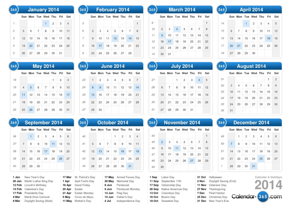 2014 Calendar - Calendar 2014 Showing Week Numbers