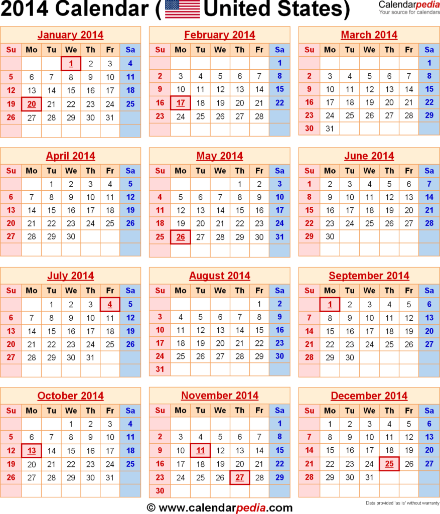 2014 Calendar With Federal Holidays - Us Calendar 2014 Week Numbers