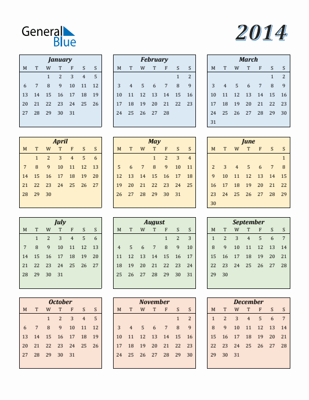 2014 Yearly Calendar Templates With Monday Start - 2014 Calendar Singapore With Week Numbers