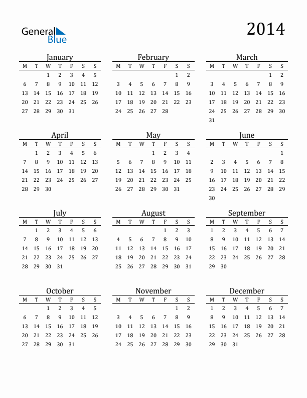 2014 Yearly Calendar Templates With Monday Start - 2014 Calendar Week Numbers Starting Monday