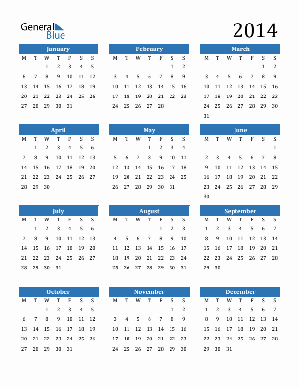 2014 Yearly Calendar Templates With Monday Start - 2014 Calendar Week Numbers Starting Monday