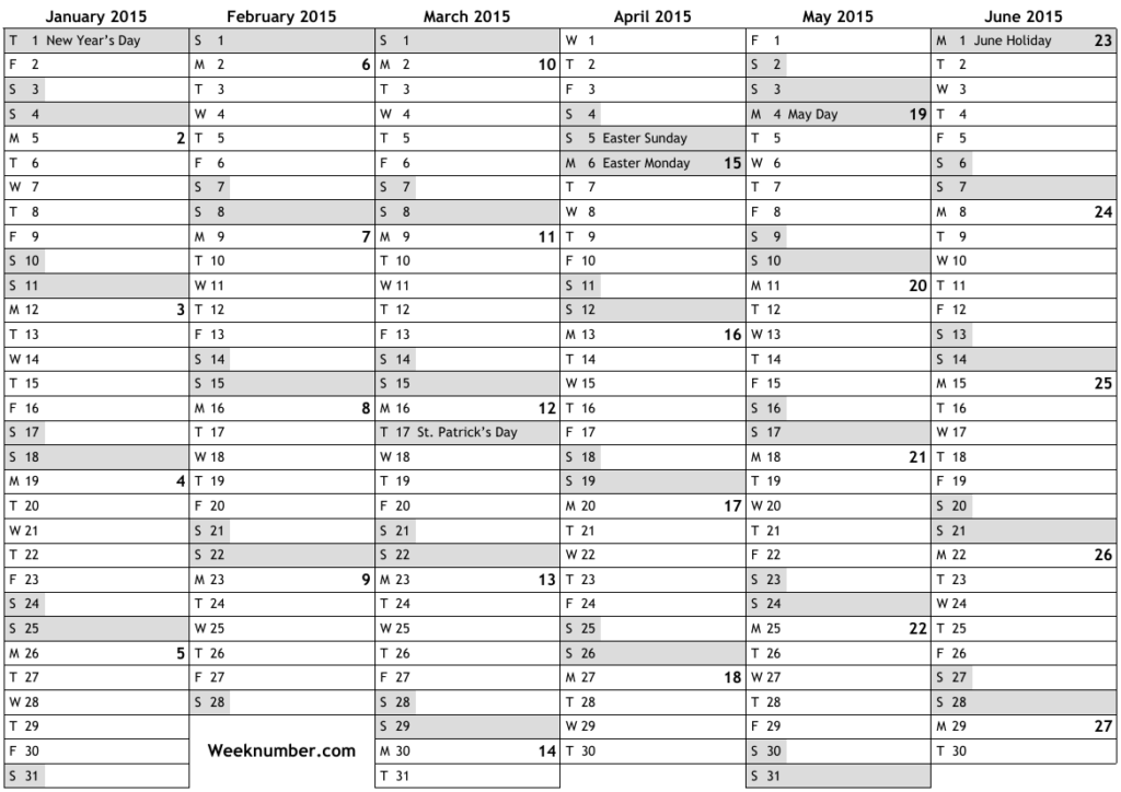 2015 Calendar With Week Numbers And Holidays For Ireland Official  - Ireland 2015 Calendar With Week Numbers