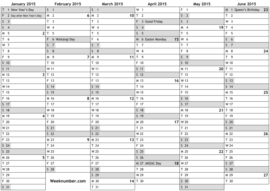 2015 Calendar With Week Numbers And Holidays For New Zealand Official  - 2015 Calendar Nz With Week Numbers