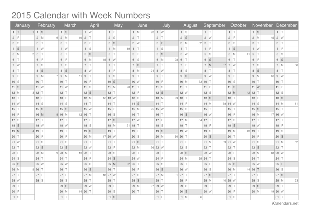 2015 Printable Calendar PDF Or Excel - 2015 Calendar Week Numbers Printable