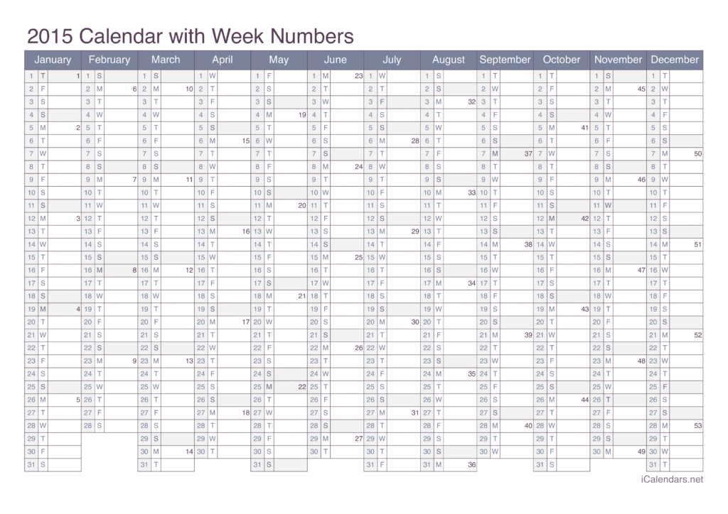 2015 Printable Calendar PDF Or Excel - 2015 Calendar Week Numbers Printable