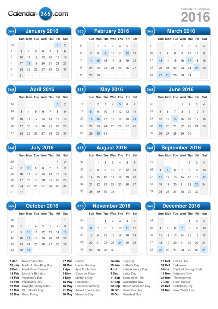 2016 Calendar - 2016 Calendar With Week Numbers And Holidays