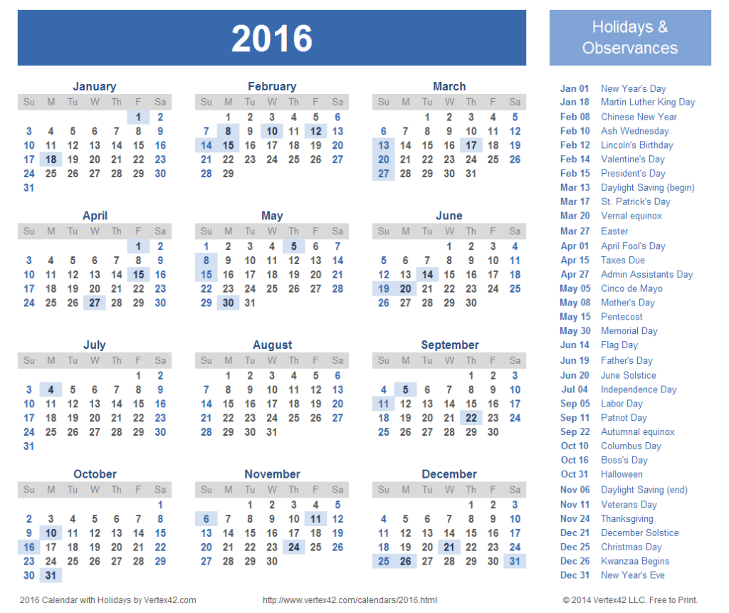 2016 Calendar Templates And Images - 2016 Calendar With Week Numbers And Holidays