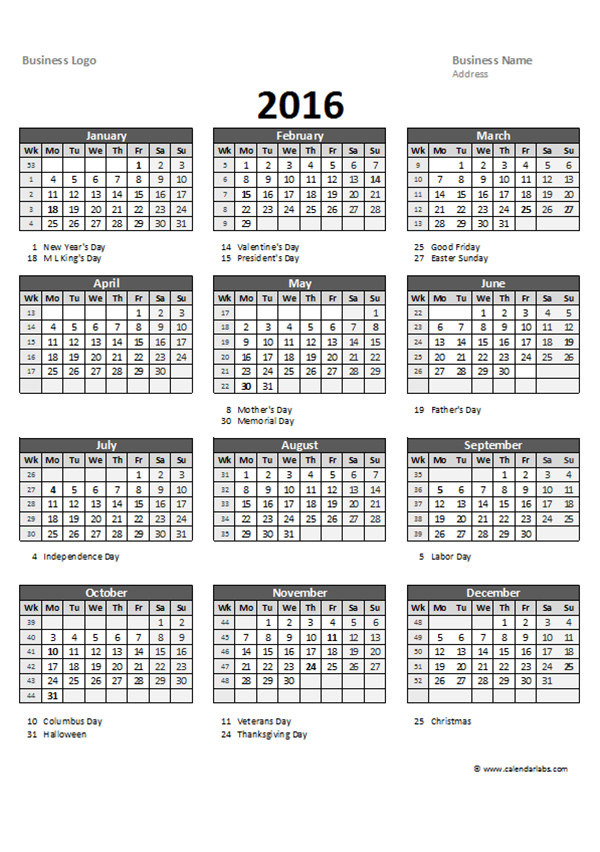 2016 Excel Yearly Calendar 05 Free Printable Templates - Excel Calendar With Week Numbers 2016