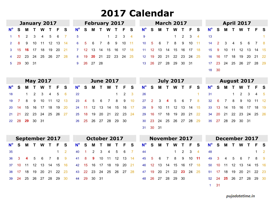 2017 Calendar Free Download Indian Calendar 2017 Puja  - 2017 Calendar With Week Numbers India