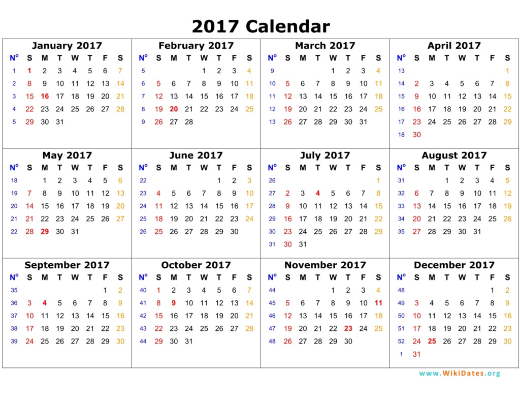 2017 Calendar WikiDates - 2017 Monthly Calendar With Week Numbers Printable