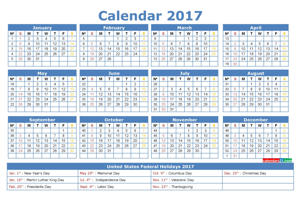 2017 Calendar With Week Numbers Printable 2020 Printable Calendar  - 2017 Calendar Including Week Numbers