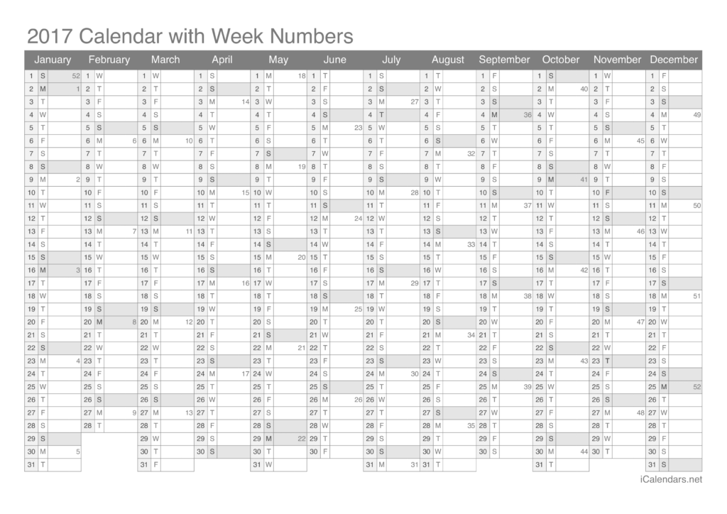 2017 Printable Calendar PDF Or Excel - 2017 Calendar With Week Numbers In Excel Format