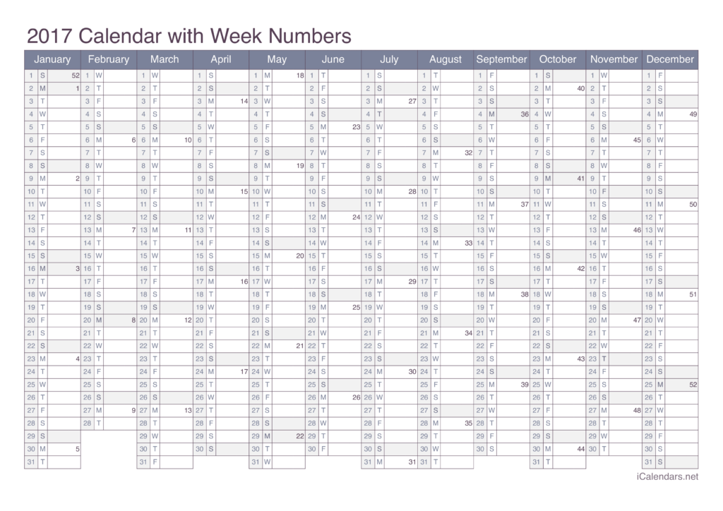 2017 Printable Calendar PDF Or Excel - 2017 Calendar With Week Numbers In Excel Format