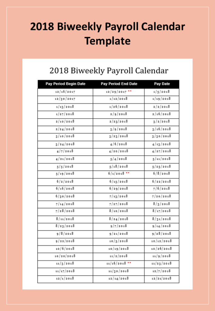 2018 Biweekly Payroll Calendar Template - 2018 Payroll Calendar With Week Numbers