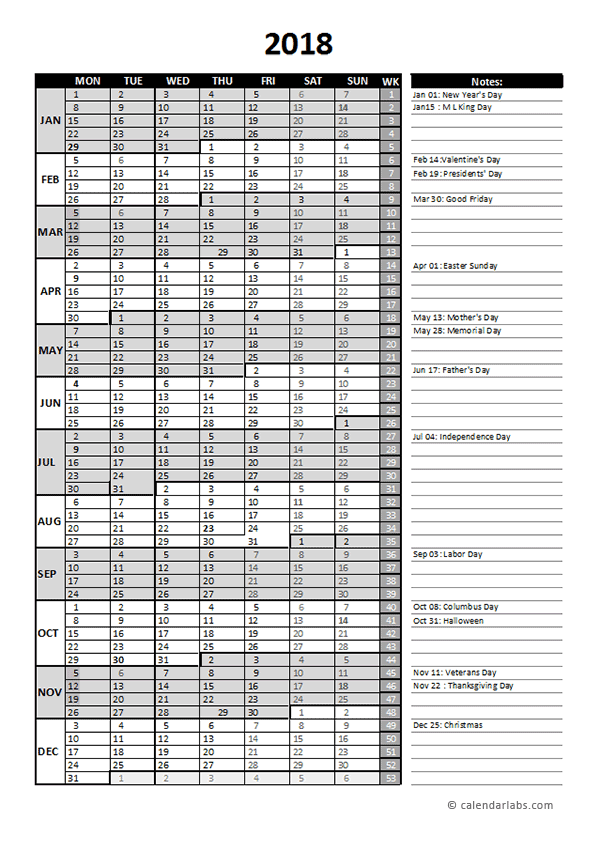 2018 Business Project Planning Calendar With Week Number Free  - Business Calendar 2018 With Week Numbers