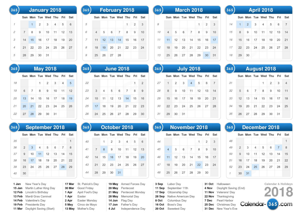 2018 Calendar - 2018 Yearly Calendar With Weeks Numbered