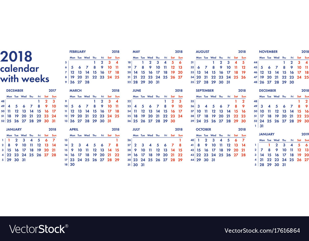 2018 Calendar Grid With Weeks Royalty Free Vector Image - 2018 Calendar Excel With Week Numbers