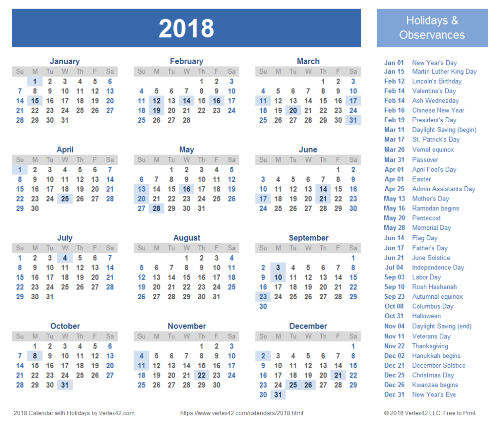 2018 Calendar Printable - Year Calendar 2018 With Holidays And Week Numbers