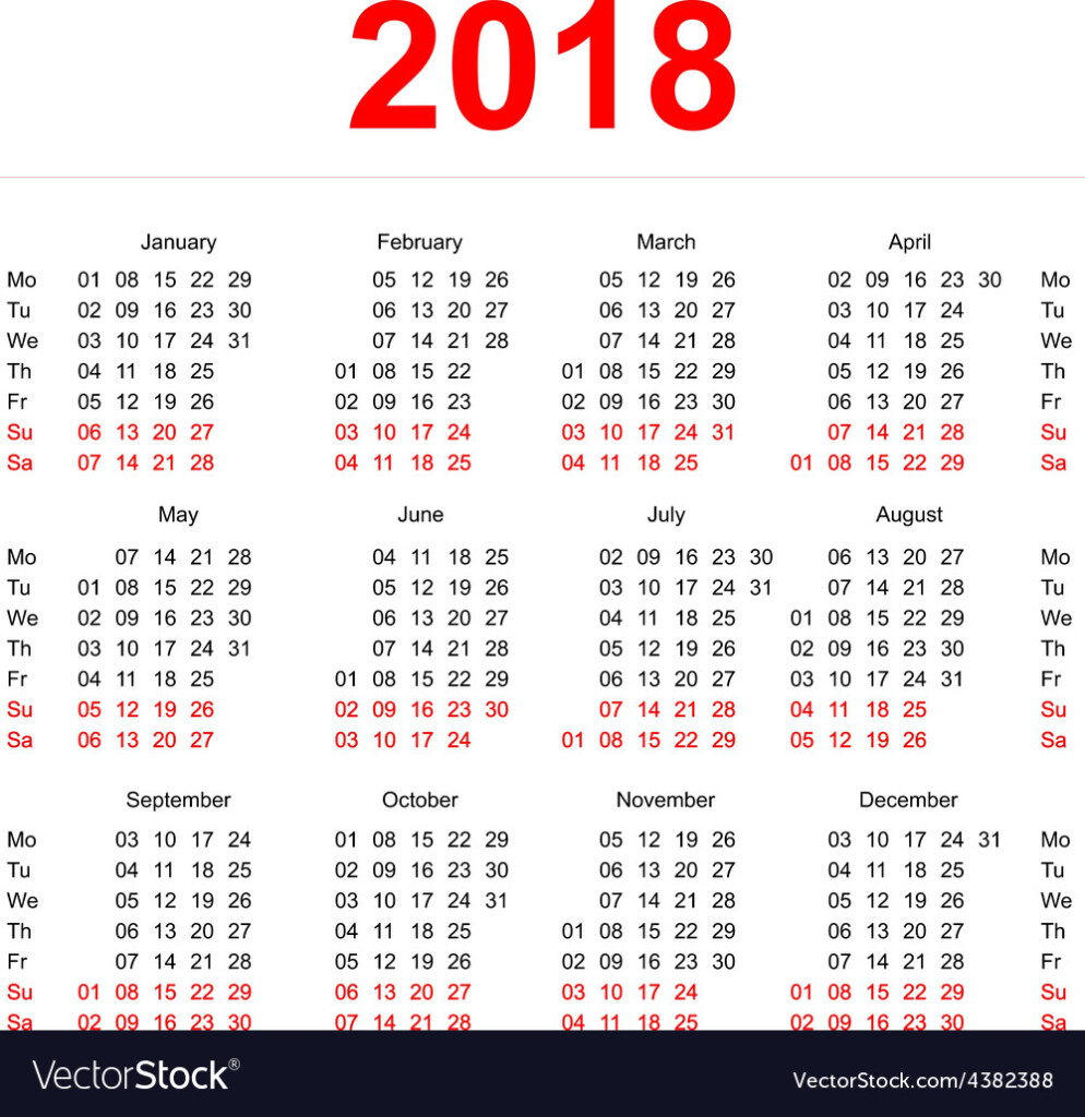 2018 Calendar Template Vertical Weeks First Day Vector Image - 2018 Calendar Showing Numbered Weeks