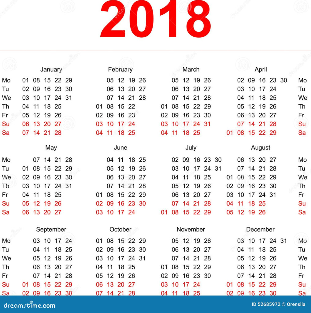 2018 Calendar Template Vertical Weeks Stock Vector Illustration Of  - 2018 Yearly Calendar With Weeks Numbered