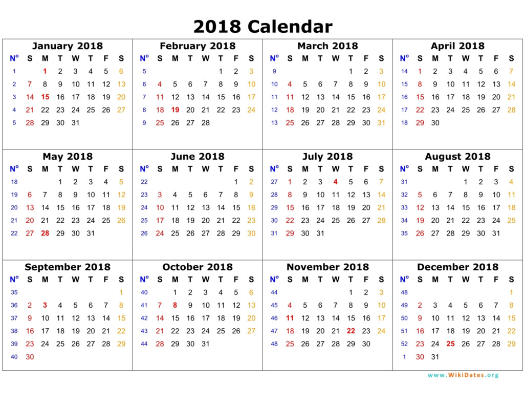 2018 Calendar WikiDates - 2018 Annual Calendar With Week Numbers