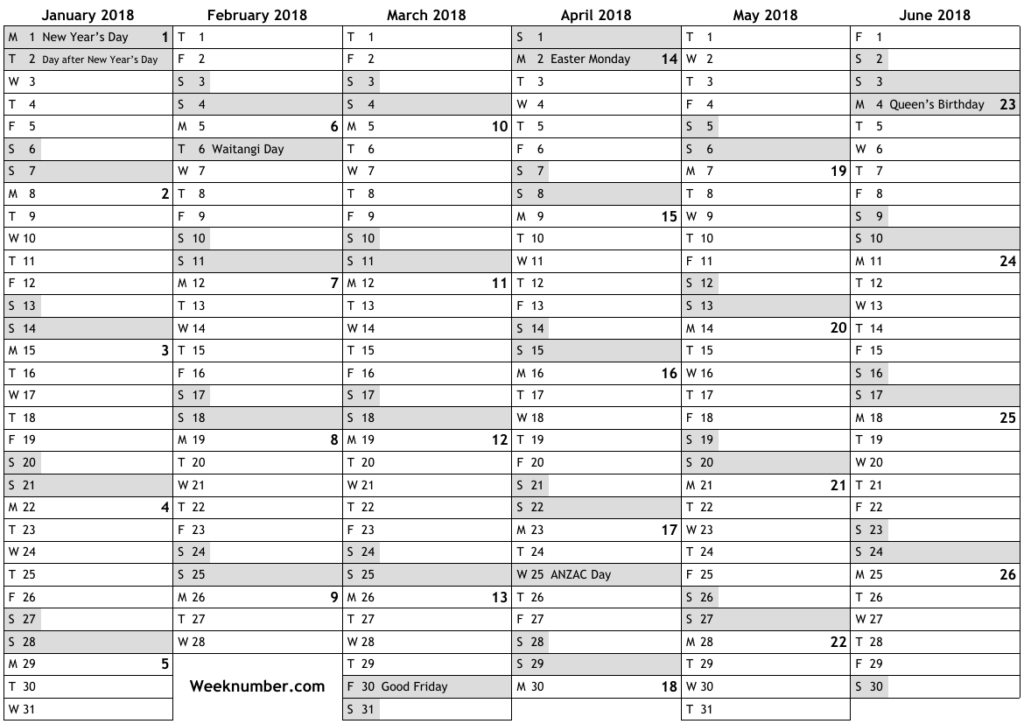 2018 Calendar With Week Numbers And Holidays For New Zealand Official  - 2018 Calendar Nz With Week Numbers