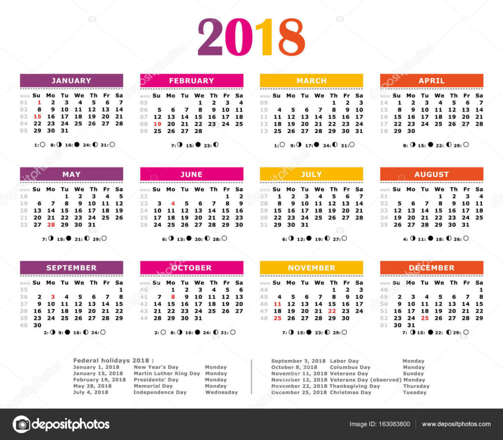 2018 Colorful Yearly Calendar American Colors Federal Holidays Moon  - 2018 Financial Calendar With Week Numbers