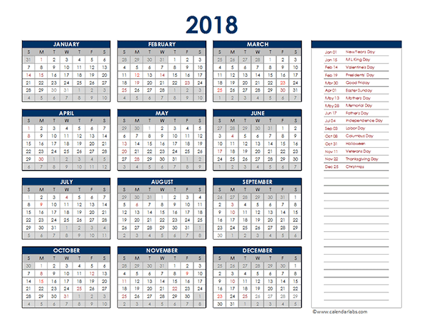 2018 Excel Yearly Calendar Free Printable Templates - 2018 Calendar In Excel With Week Numbers