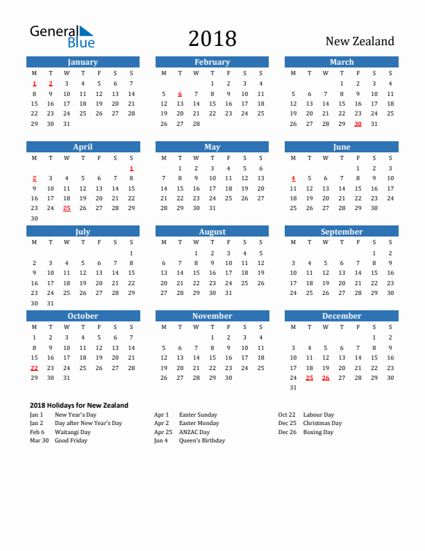 2018 New Zealand Calendar With Holidays - 2018 Calendar Nz With Week Numbers