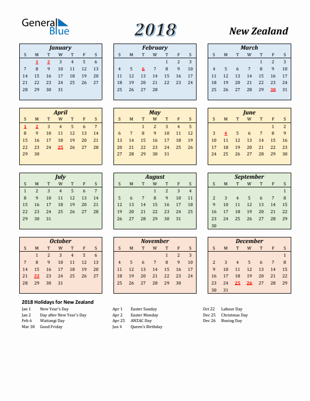 2018 New Zealand Calendar With Holidays - 2018 Calendar Nz With Week Numbers