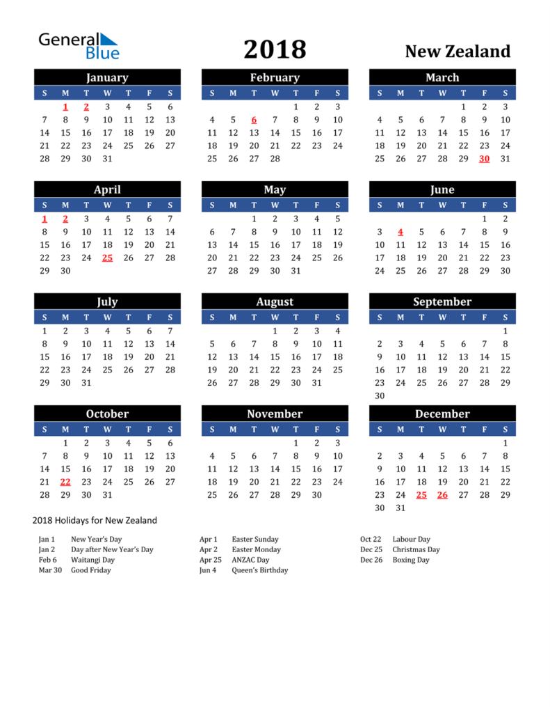 2018 New Zealand Calendar With Holidays - 2018 Calendar Nz With Week Numbers