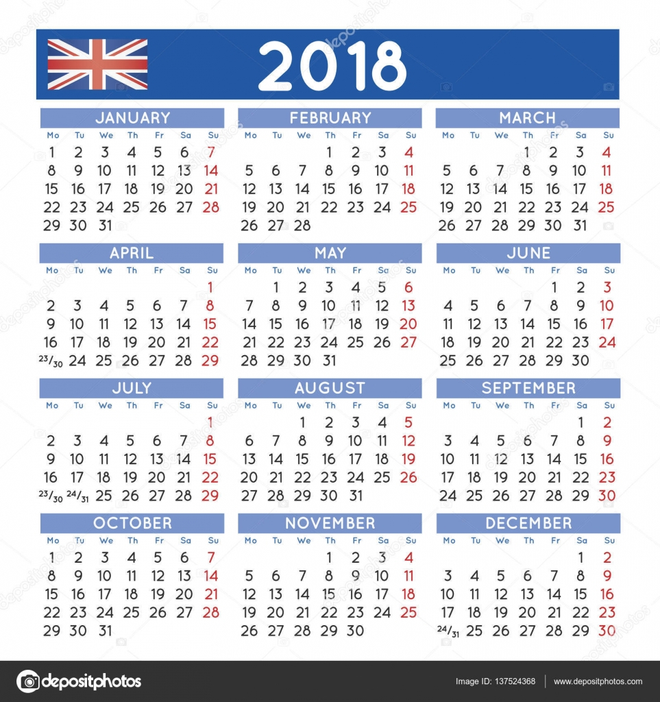 2018 Squared Calendar English UK Week Starts On Monday Stock Vector  - 2018 Calendar Uk With Week Numbers