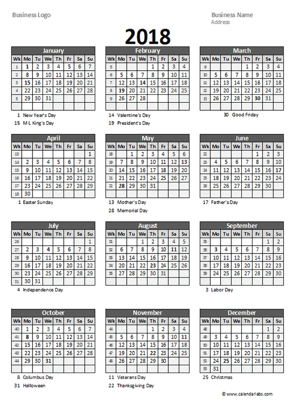 2018 Yearly Business Calendar With Week Number Free Printable Templates - 2018 Calendar In Excel With Week Numbers