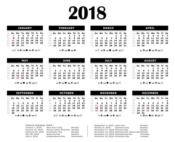 2018 Yearly Calendar American Colors Federal Holidays Moon And  - Financial Year Calendar With Week Numbers 2018