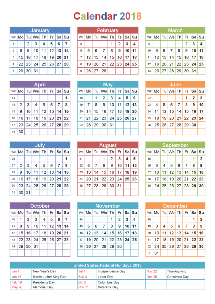 2018 Yearly Calendars With Holidays Activity Shelter - Year Calendar 2018 With Holidays And Week Numbers