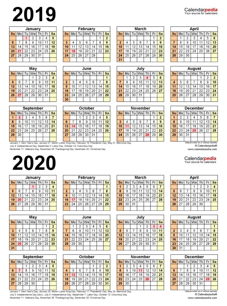 2019 2020 Two Year Calendar Free Printable PDF Templates - 2019 And 2020 Calendar Printable With Week Numbers