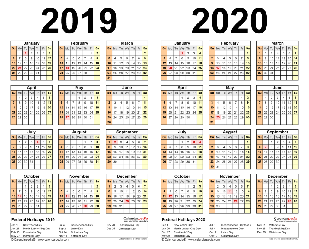 2019 2020 Two Year Calendar Free Printable Word Templates - 2019 And 2020 Calendar Printable With Week Numbers