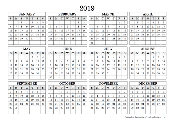 2019 Blank Yearly Calendar Landscape Free Printable Templates - Calendar Labs 2019 With Week Numbers