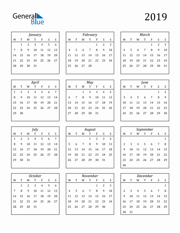 2019 Blank Yearly Calendar Printable - Blank Calendar 2019 No Week Numbers