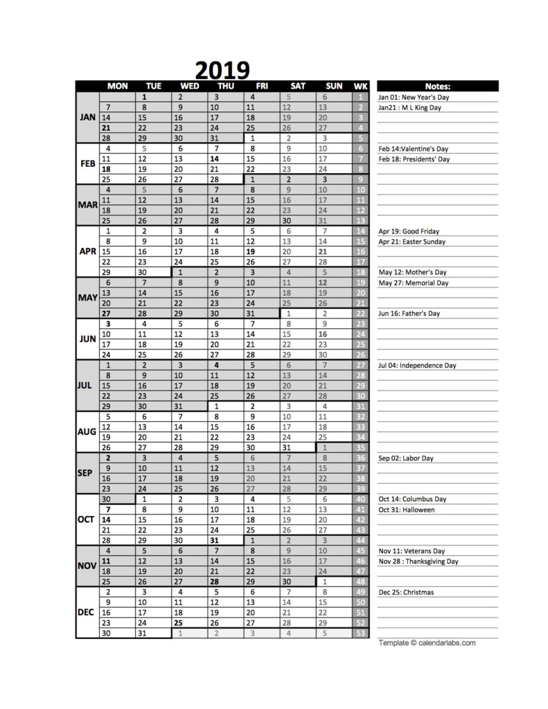 2019 Business Project Planning Calendar With Week Number Free  - 2019 Business Calendar With Week Numbers