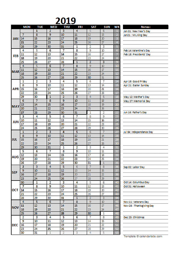 2019 Business Project Planning Calendar With Week Number Free  - 2019 Business Calendar With Week Numbers