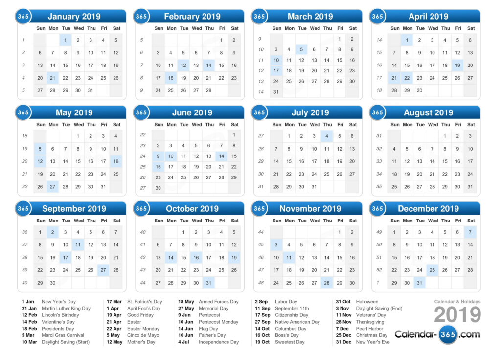 2019 Calendar - 2019 Calendar With Week And Day Numbers