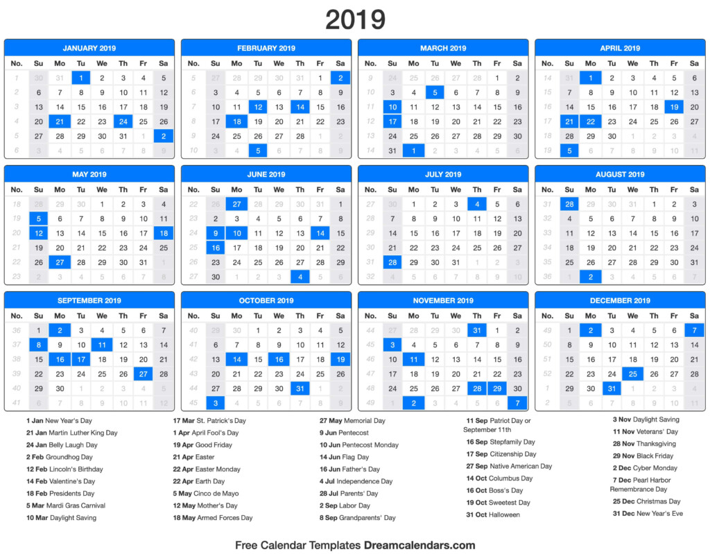 2019 Calendar - Free Printable 2019 Calendar With Holidays And Week Numbers