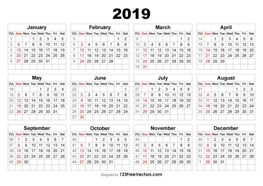 2019 Calendar With Week Numbers Free Vector By 123freevectors On DeviantArt - Calendar 2019 Showing Week Numbers